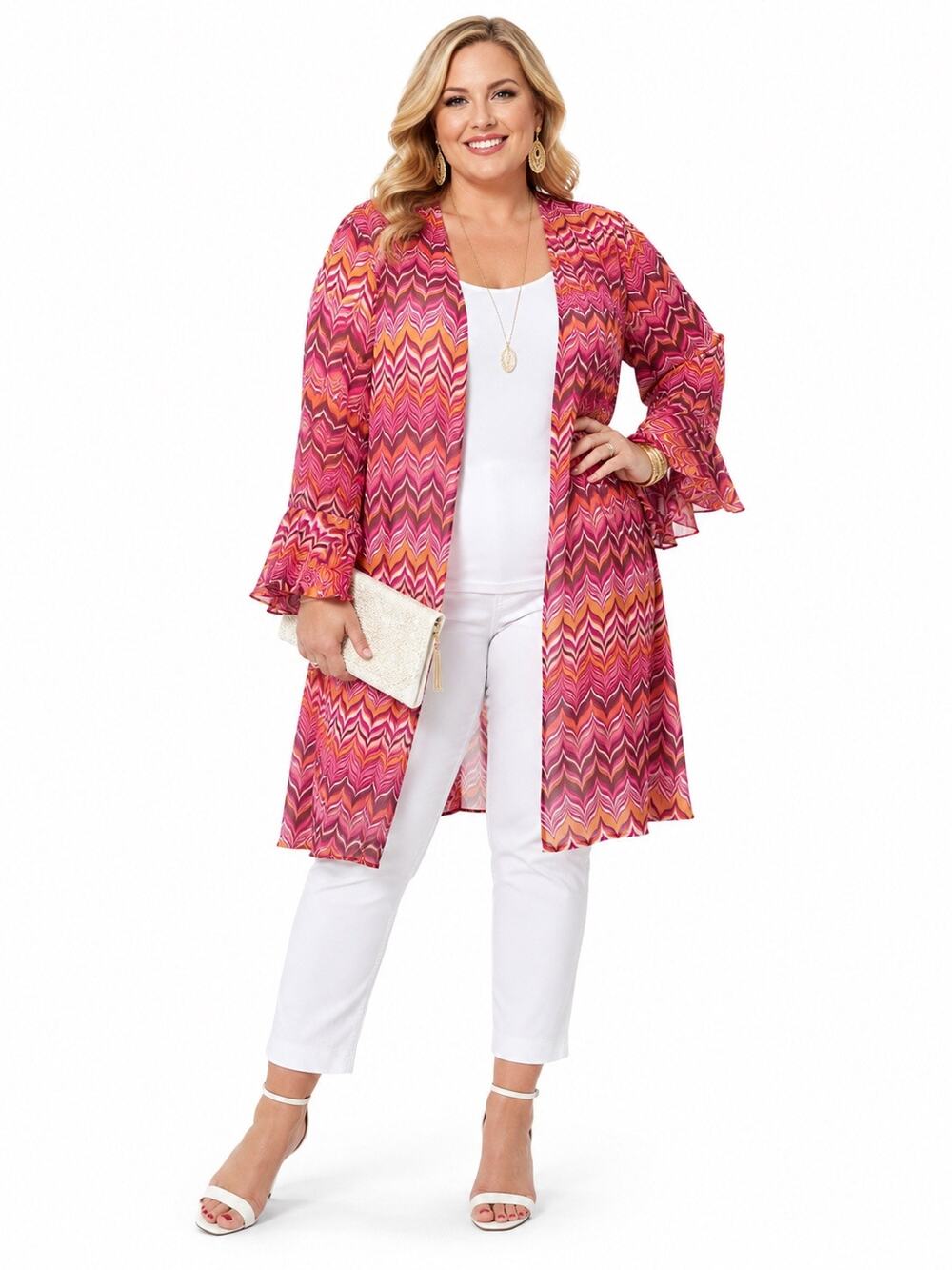 Jules by Jen 1X Chevron Print Duster Pink Orange‎ Boho Open Front Plus Size
